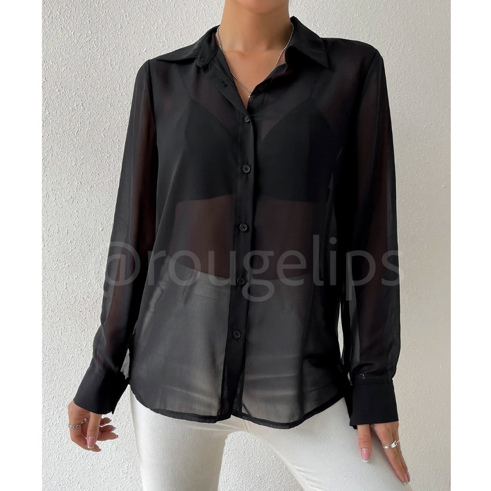 Black Sheer Chiffon Button Down Shirt Long Sleeve